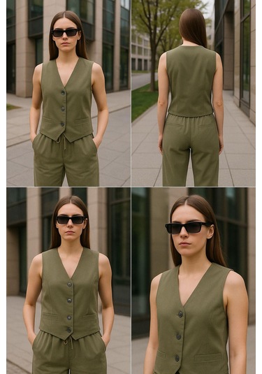 Keten Takım - Haki Yelek & Pantolon İkili Kombin - Modern Fit Yazlık Şık Takım Çok Renkli