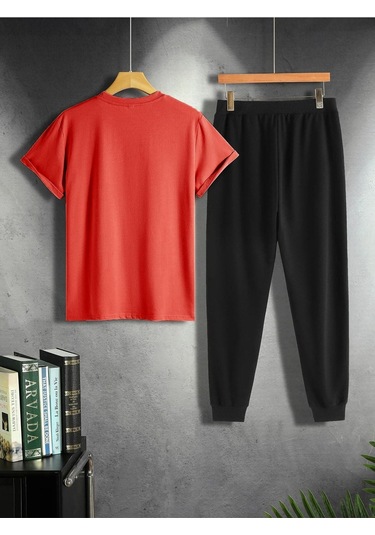 Kanat Kırmızı T-shirt Siyah Eşofman Altı Jogger - Baskılı Alt Üst Takım Oversize Bisiklet Yaka Kırmızı