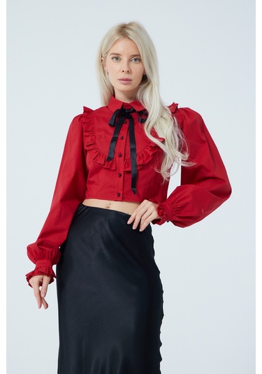 Fiyonk Fırfır Detaylı Poplin Gömlek Kırmızı