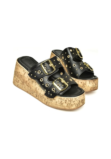 Fox Shoes U996753509 Siyah Dolgu Topuklu Kadın Ayakkabı Siyah-suni Deri