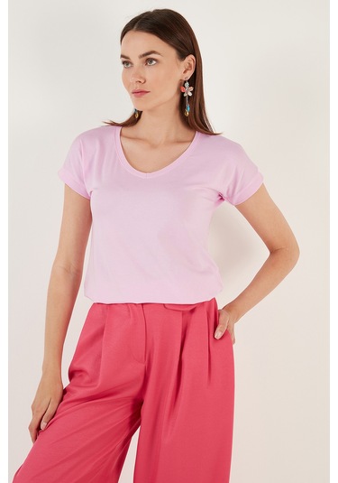 Lela V Yaka Rahat Kesim Yırtmaçlı Bayan Bluz 5862000 Toz Pembe