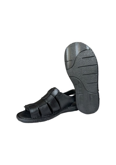 Erkek Hakiki Deri Cırtlı Sandalet Siyah Siyah