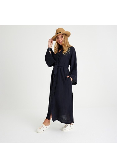 Miespiga Pamuklu Dokuma Beli Kuşaklı Maxi Kadın Kimono Kaftan - Small Medium Siyah