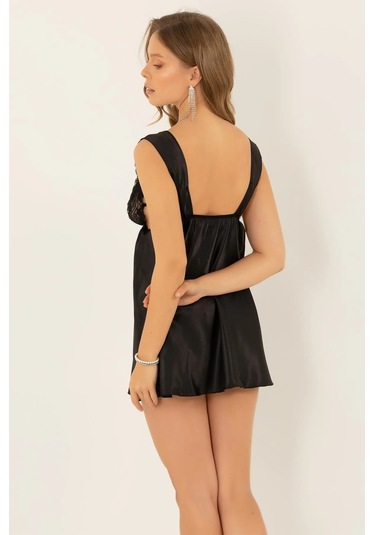 Faryanight Saten Dantelli Açık Sırt Detaylı Kalın Askılı Gecelik Siyah