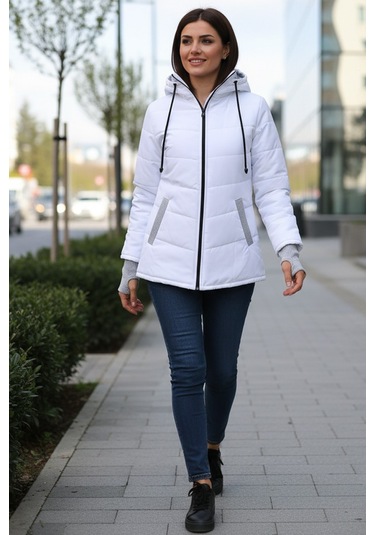 Günlük Su Geçirmez Kışlık Eldivenli Kadın Şişme Beyaz Mont Beyaz