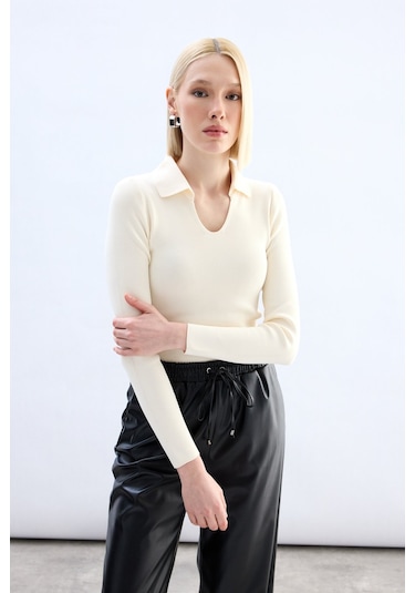 Sateen Polo Yaka Triko - Ekru-132061 Ekru