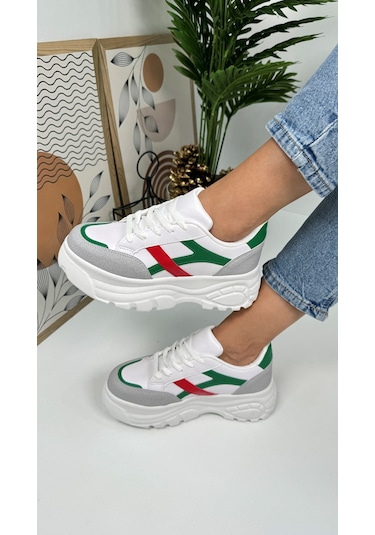 Günlük Kadın Sneaker Kalın Yüksek Taban Bağcıklı Rahat Tiger Şeritli Spor Ayakkabı 032 08-taş Yeşil Kırmızı
