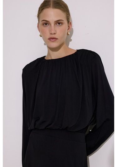 Dökümlü Balon Form Bluz Siyah Siyah