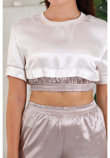 Laperissa Kadın Bej Saten Dokuma Lastik Detaylı Şık Pijama Takımı Bej