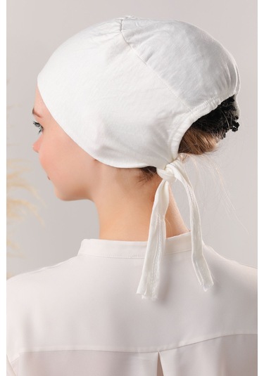 Kadın Tesettür Dikişli Set Bone Ekru 3 Adet Bağlamalı Penye Bone Ekru