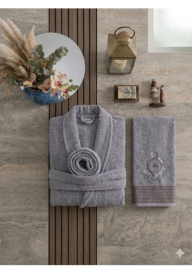 Premium 2'li Aile Bornoz Seti Çeyizlik Pamuklu Hediyelik Banyo Takımı S/m Antrasit