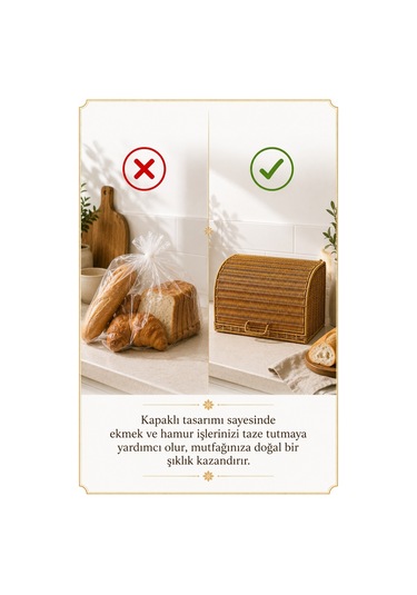 Ekmek Dolabı Kapaklı, Hasır Detaylı 35 Cm Krem