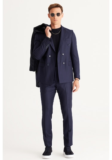 Ac&Co / Altınyıldız Classics Erkek Lacı Slim Fit Dar Kesim Kırlangıç Yaka %100 Yün Çizgili Takım Elbise Lacı Lacivert