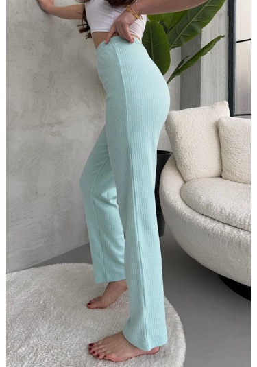 Kadın Su Yeşili Yüksek Bel Fitilli Bol Paça Günlük İnce Eşofman Altı Su Yeşili