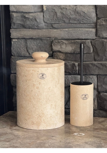 Yeni Traverten Doğaltaş Kendinden Kulplu 2 Li Banyo Takımı Büyük Çöp Kovalı 26x20 Beyaz