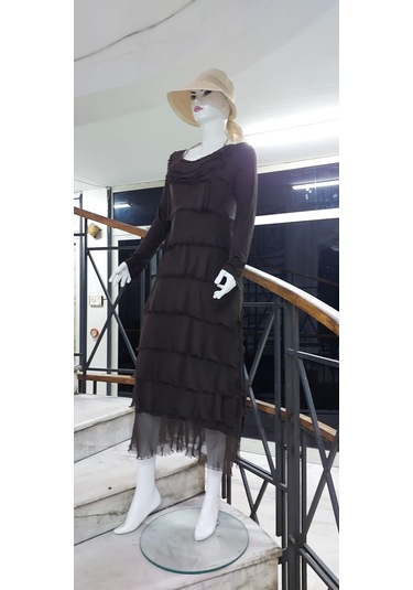 Italyan 2 Beden İnce Gösteren Kat Kat Uzun Kol Taşlanmış İpek Elbise Koyu Kahve