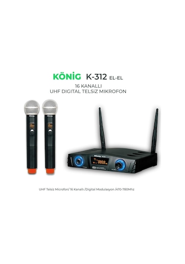 König K-312 Çift El Kablosuz Telsiz Mikrofon 16 Digital Kanal Uhf