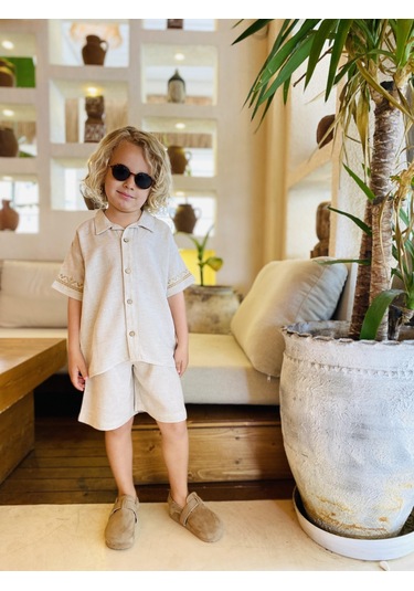 Kolları Nakışlı Gömlek Şort Keten Erkek Çocuk Takım Naturel