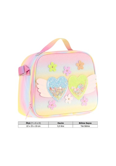 Kaukko Kids Kız Çocuk Isı Yalıtımlı Okul/piknik Beslenme Çantası Simli Kalp Ve Çiçekler L7213 Mavi - Yeşil