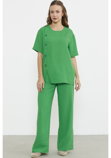 Düğme Detaylı Keten Görünümlü Rahat Takım - Yeşil Yeşil