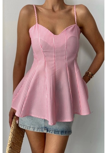 Çizgili Gofre Askılı Pens Detaylı Bluz - Pembe Pembe