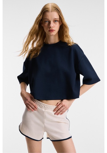 VELA Kadın Esnek Kumaşlı Bisiklet Yaka Oversize Fit Lacivert T-Shirt