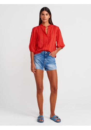 Dilvin 5807 Nervür Detaylı Balon Kol Gömlek-Açık Kırmızı