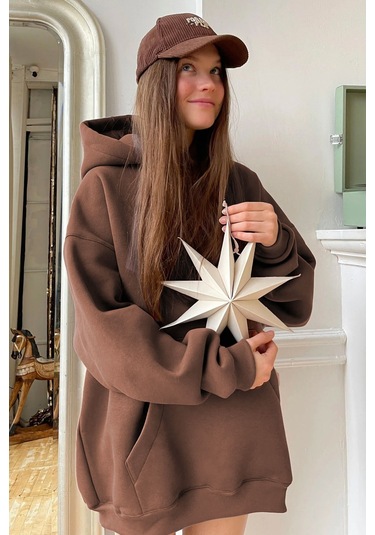 Madmext Kahverengi Kapüşonlu Şardonlu Oversize Sweatshirt Mg1566 Kahverengi