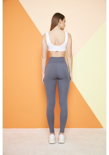 Haki Yüksek Bel Fitilli Toparlayıcı İnterlok Örme Şardonlu Spor Kışlık Tayt Antrasit