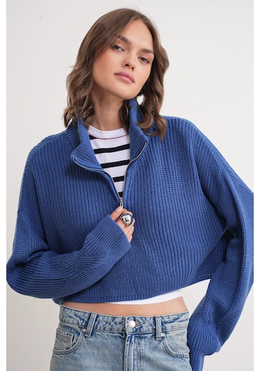 Mixray 6752 Kadın Crop Fermuarlı Kazak İndigo