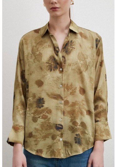 Kadın Uzun Kol Desenli Renkli Pamuk Saten Premium Kalite Spor Şık Gömlek Haki