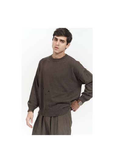 Alec Fitilli Yırtık Detay Kahve Erkek Triko Kazak Kahverengi