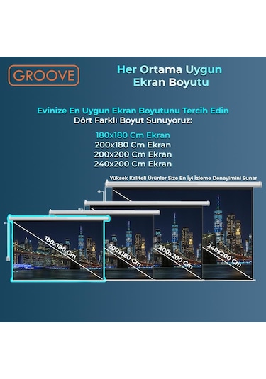 Groove Vizio Pro 180x180cm Blackout Işık Geçirmez Elektrikli Otomatik Kumandalı Projeksiyon Perdesi +motorlu+canlı Renkler+göz Koruması+leke Tutmaz Projector