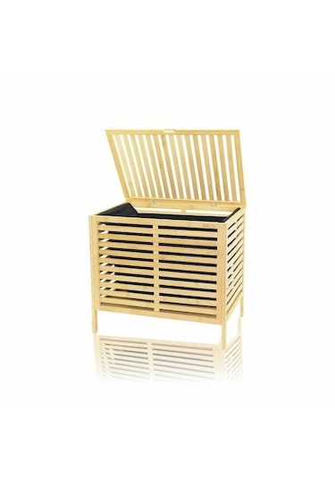 Lunaev Kalın Ahşap Bambu Kirli Çamaşır Sepeti Siyah Kumaş Çantalı Sepet 50x38x55cm Açık Ahşap
