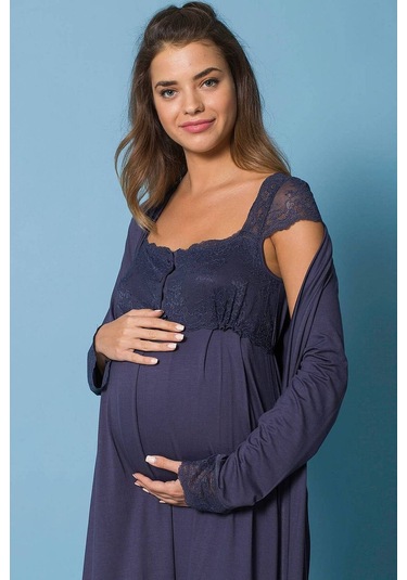 Monamise 18210 Hamile Lohusa Sabahlıklı Gecelik Takım - Lacivert