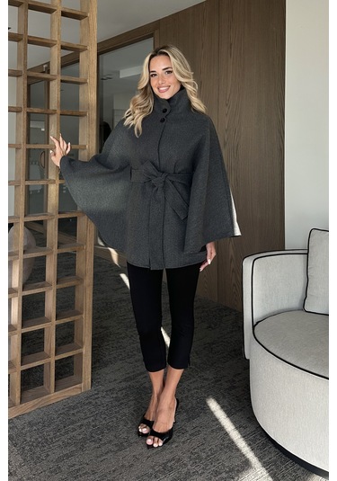 Antrasit Düğmeli Kuşaklı Kaşe Panço - 2055 Antrasit