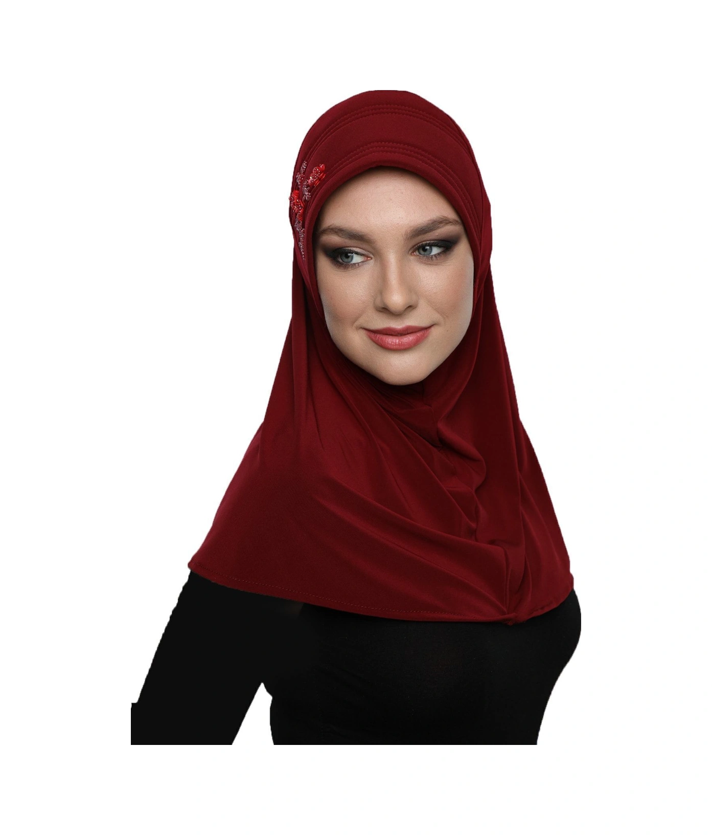 Takmatik Taşlı El Işi Boncuk Işlemeli Bordo Hazır Türban Tesettür Bone Namaz Örtüsü Bordo