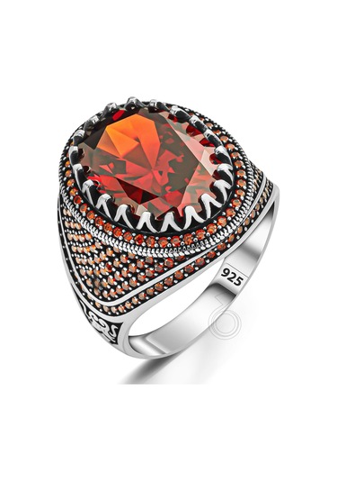 Gümüş Kırmızı Zirkon Taşlı Erkek Yüzük Gümüş - Altın