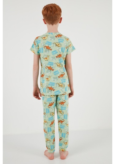 Lela Desenli % 100 Pamuk Bisiklet Yaka Erkek Çocuk Pijama Takımı 6651003 Mint