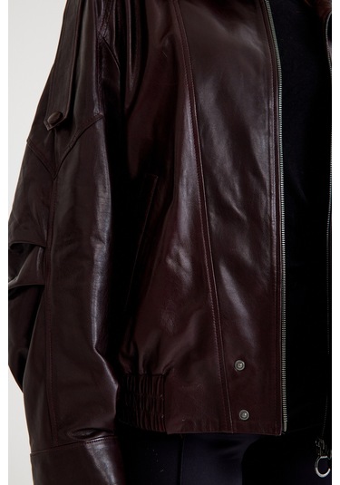 Oversize Kısa Bayan Deri Ceket Vb-14-bk-2847-24115 Bordo
