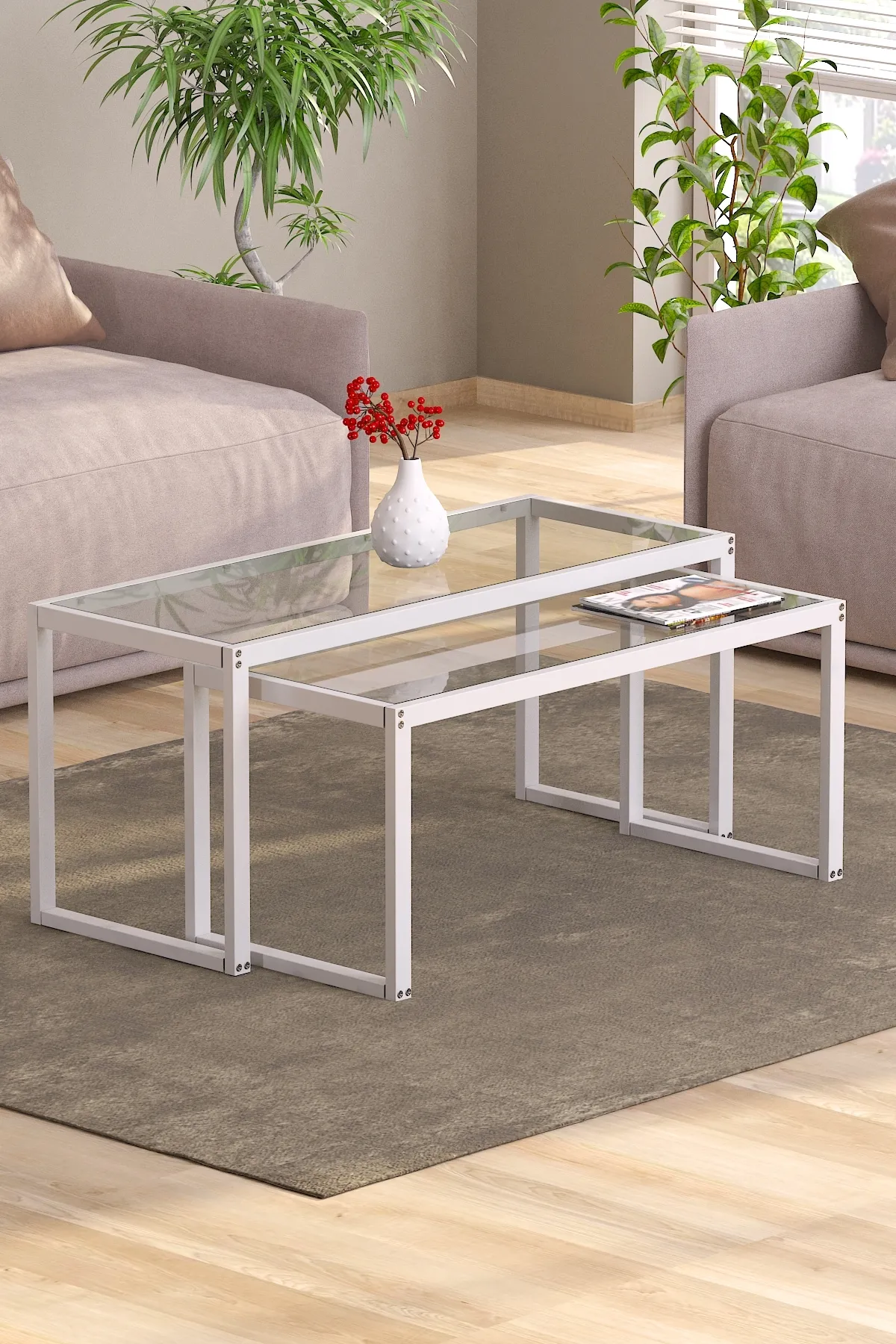 Modern 2 Li Metal Iskeletli Temper Camlı Zigon Orta Sehpa Beyaz-şeffaf