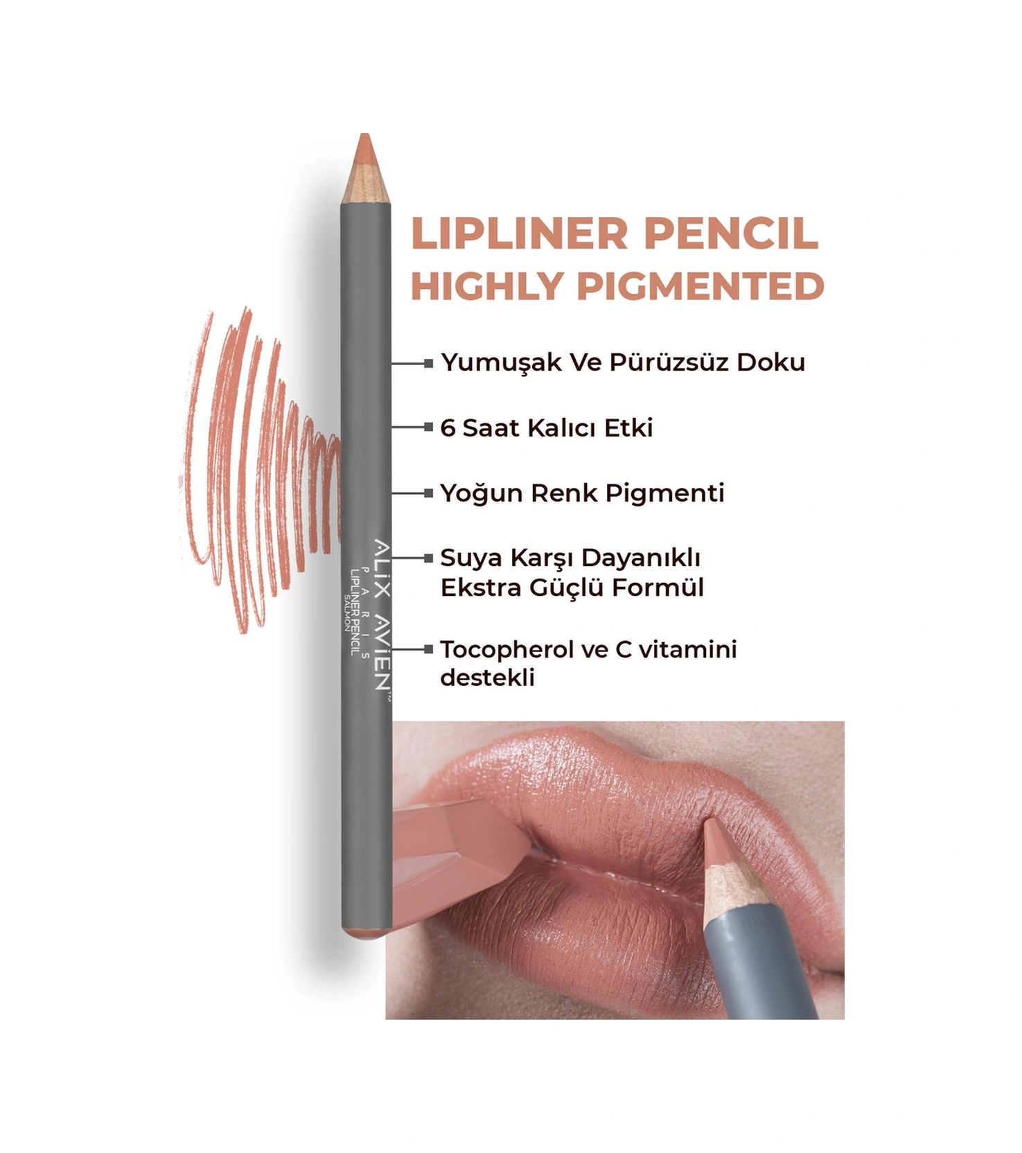 Alix Avien Uzun Süre Kalıcı Dağılma Yapmayan Nemlendirici Dudak Kalemi Lipliner Pencil Salmon