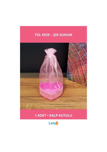 Pembe Kalpli Tül Kese Ve Simli Kalp Kutusu