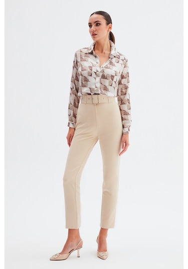 Sateen Yüksek Bel Kemerli Pantolon - Bej