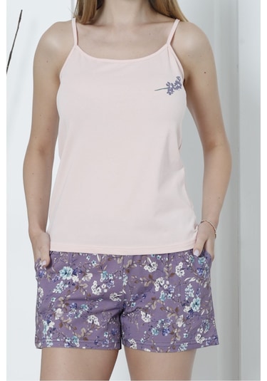 Kadın Şortlu Pijama Takımı İp Askılı Likrali Cepli Somon SOMON