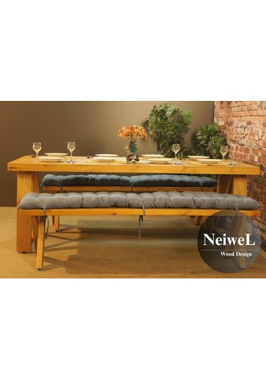 Neiwel Kues Doğal Ahşap Banklı Yemek Masası Takımı-80-160 Takım Açık Ceviz