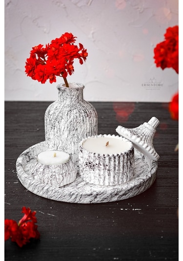 5 Parça Mermer Desen Dekoratif Beton Vazo Ve Vanilya Kokulu Soya 001