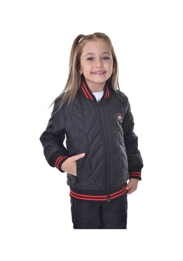 Kız Çocuk Siyah Kolej Yaka İçi Astarlı Su Ve Rüzgar Geçirmez Fermuarlı Cep Mont Ceket Siyah