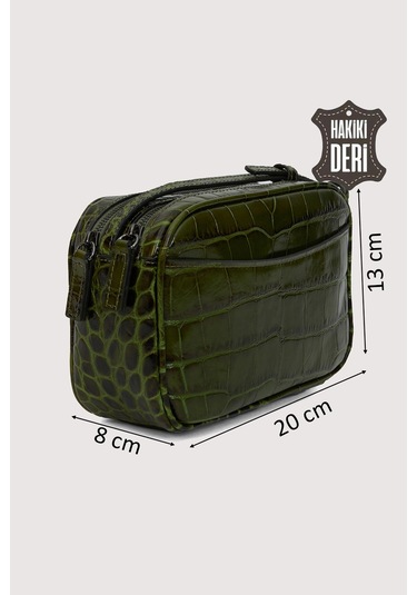 Hakiki Deri Kadın Çapraz Omuz Çantası Yeşil Kroko Smr8975 Yeşil Kroko