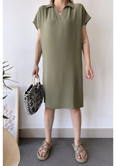 Kadın Haki Kısa Kol, Polo Yaka, Dokulu Desen, Basic Kalıp/kesim, Aerobin Rahat Midi Elbise Haki